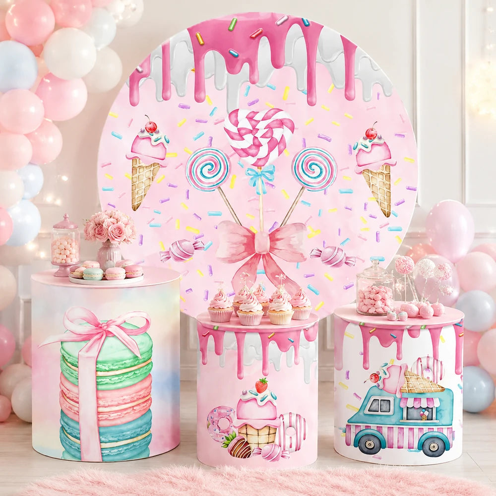 Pink candy sweets party set with one round backdrop and three matching cylinder covers featuring lollipops, ice cream, macarons and a dessert truck.