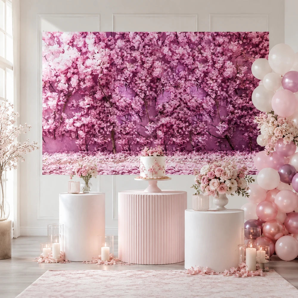 Pink cherry blossom floral backdrop with a romantic spring garden design for weddings, birthdays, baby showers and photo booth decor.