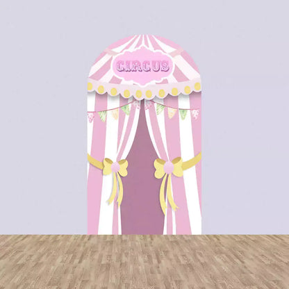 Center panel designed like a pink striped circus tent with curtain ties and a “CIRCUS” sign—ideal for carnival party backdrops.