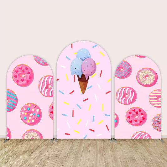 Three-piece pink party backdrop featuring colorful donuts, sprinkles, and a cartoon ice cream cone—perfect for dessert-themed celebrations.
