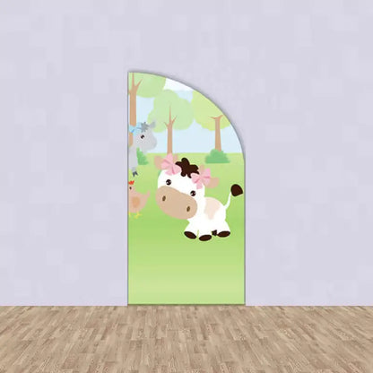 Right panel showing a cow with a pink bow, baby chick, chicken, and bluebirds in a grassy farm scene – fun decor for girl’s party or baby shower.