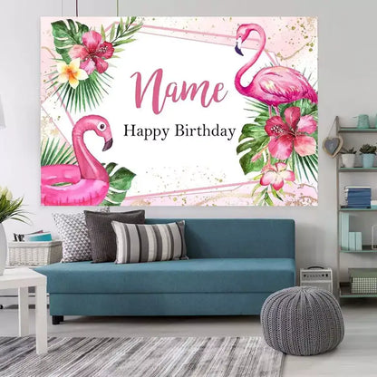 Pink flamingo and tropical flower-themed "Happy Birthday" backdrop, perfect for a vibrant and tropical birthday party setting.