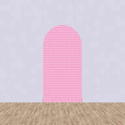 Left arch panel with pink and white gingham print—perfect for farmhouse, picnic, or barnyard birthday party backdrop decor.