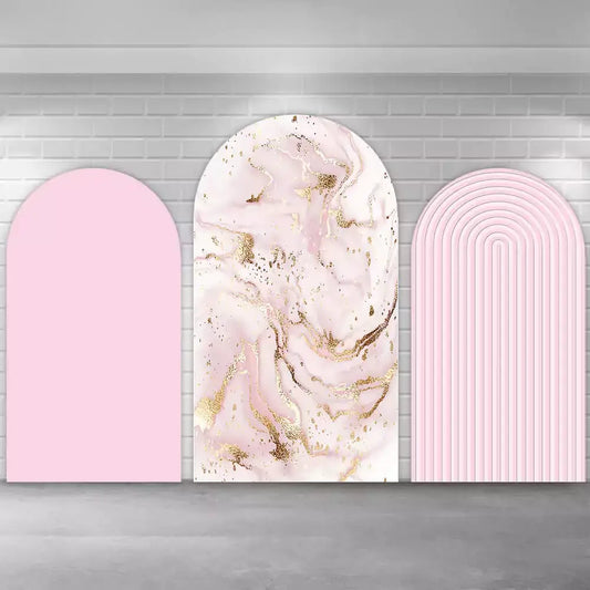 Three-panel pink party arch backdrop featuring blush solid left, gold marble swirl center, and rounded vertical stripe right panel—perfect for elegant events.