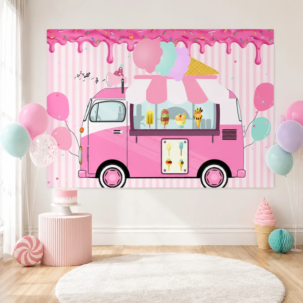 Pink ice cream truck birthday backdrop with pastel stripes, cotton candy, balloons and frozen dessert illustrations for a kids party.