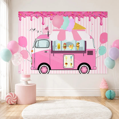 Pink ice cream truck birthday backdrop with pastel stripes, cotton candy, balloons and frozen dessert illustrations for a kids party.