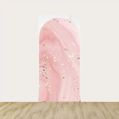 Left panel with soft pink marble pattern and scattered gold foil accents—great for modern or luxury-themed parties.