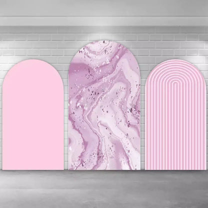 Three-panel pink party arch backdrop with blush solid panel, marble swirl center, and striped modern arch—ideal for birthdays or feminine celebrations.