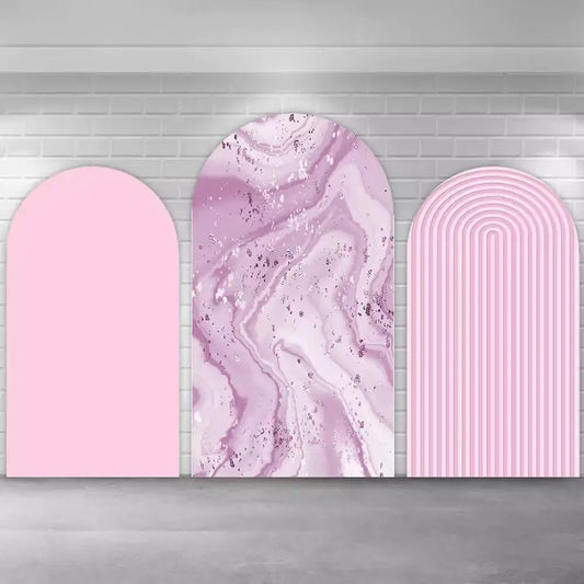 Three-panel pink party arch backdrop with blush solid panel, marble swirl center, and striped modern arch—ideal for birthdays or feminine celebrations.