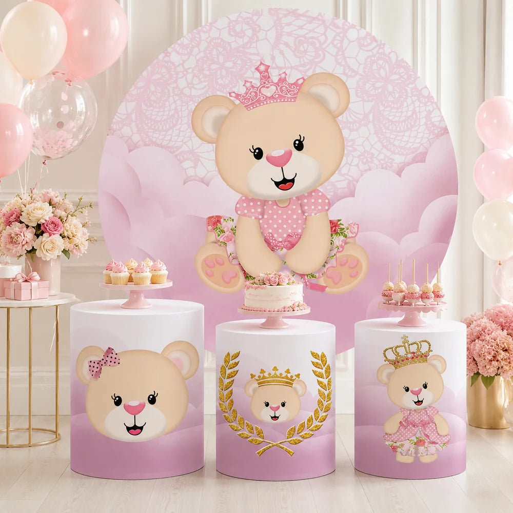 Pink princess teddy bear party set with one round backdrop and three matching cylinder covers featuring crown, bear face and floral designs.