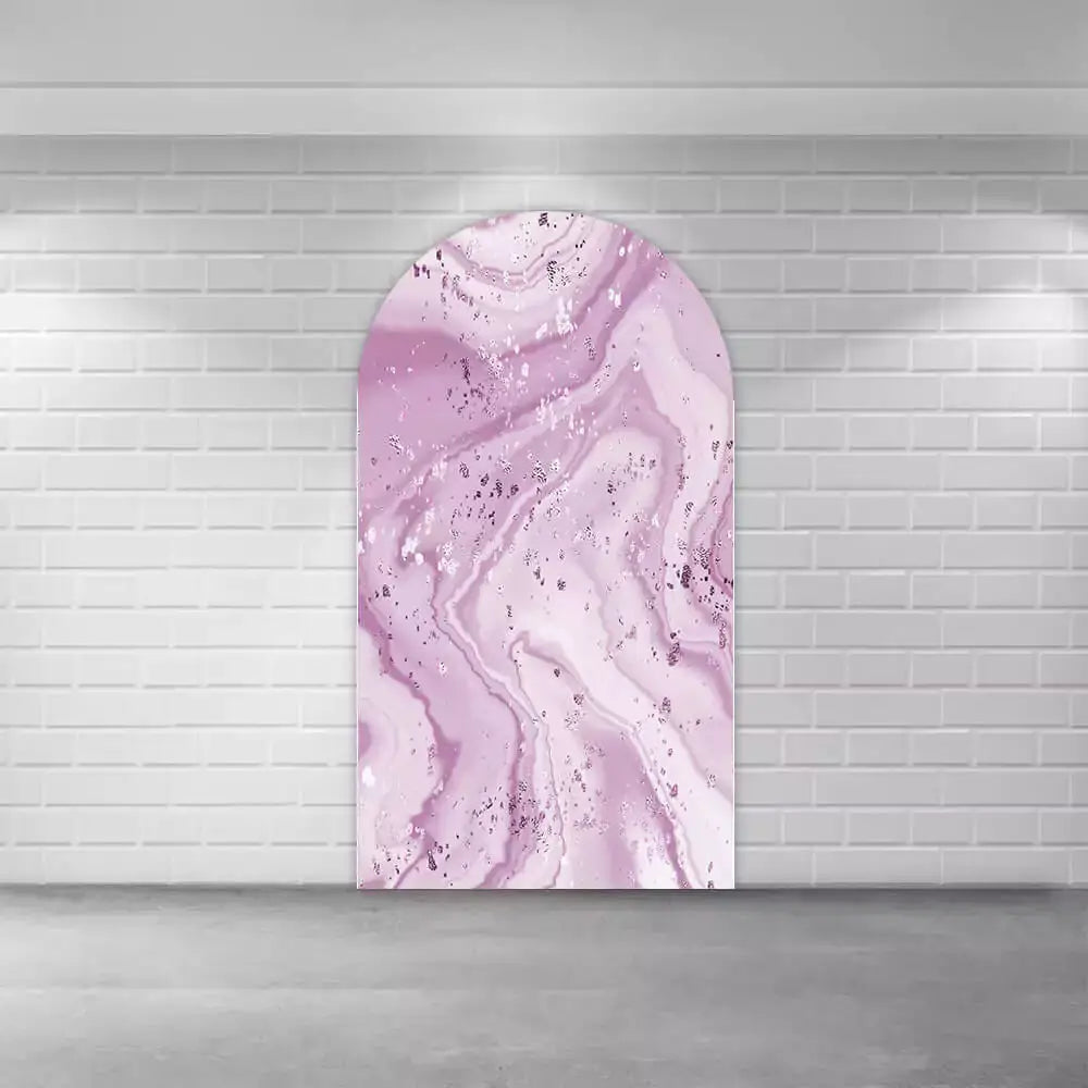 Center arched backdrop with a pink marble design, featuring swirling patterns and metallic accents, ideal for a chic and modern decor.