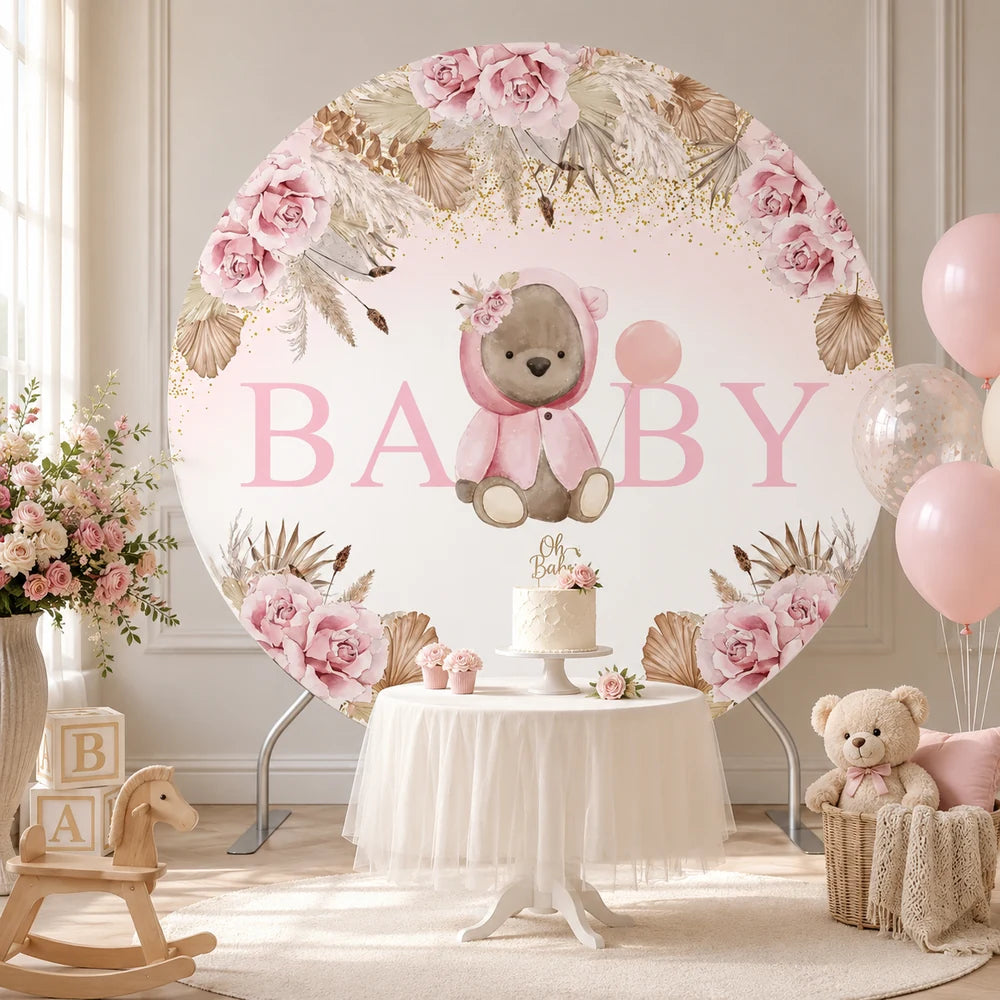 Pink teddy bear round baby shower backdrop with watercolor roses, neutral foliage and gold glitter details.