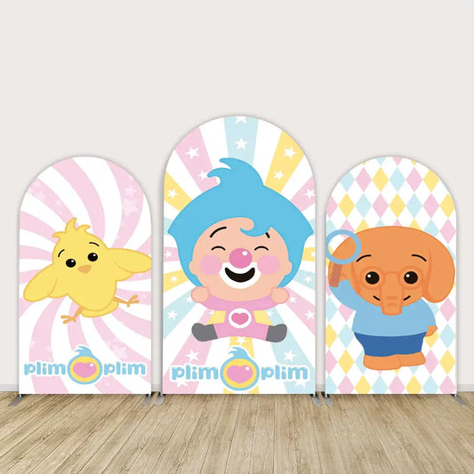 Plim Plim-themed birthday backdrop with cartoon characters and colorful backgrounds, perfect for kids' parties.