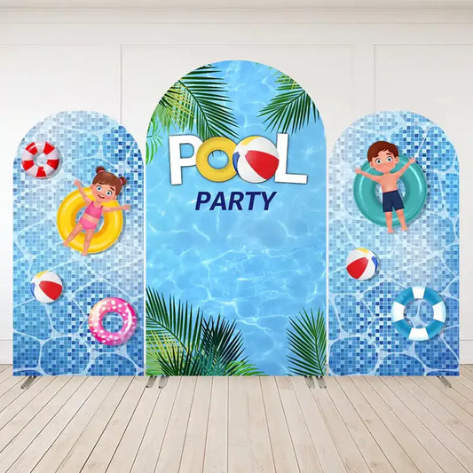 Three-panel pool party arch backdrop with cartoon boy and girl in float rings, beach balls, palm leaves, and shimmering swimming pool water.