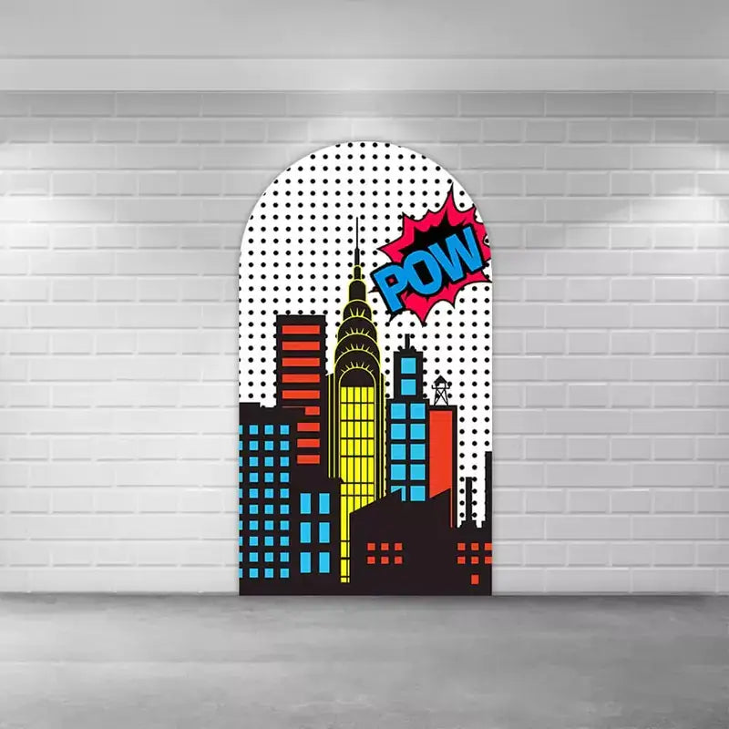 Center arch panel with comic-style skyscrapers and a big “POW!” action bubble over halftone dots—ideal for birthday or comic theme party centerpieces.