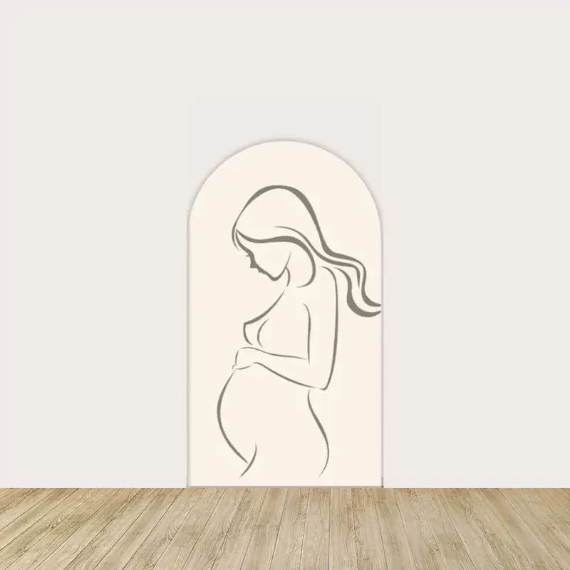 Center panel with a simple line art silhouette of a pregnant woman on a soft beige background—elegant and modern for a baby shower focal point.