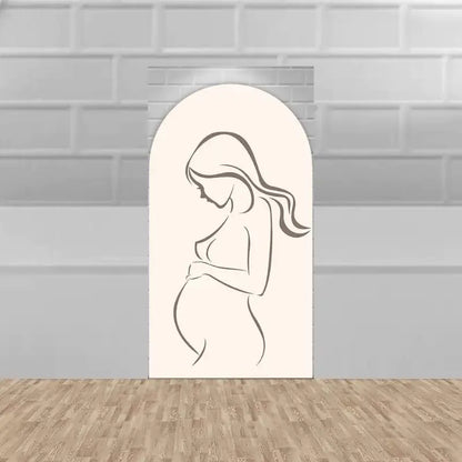 Center arch featuring a minimalist line drawing of a pregnant woman with flowing hair—elegant and modern centerpiece for baby shower backdrops.