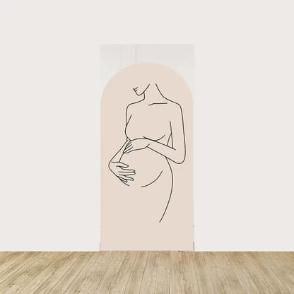 Arch panel with elegant line drawing of a pregnant woman cradling her belly—minimalist design for baby shower celebrations.