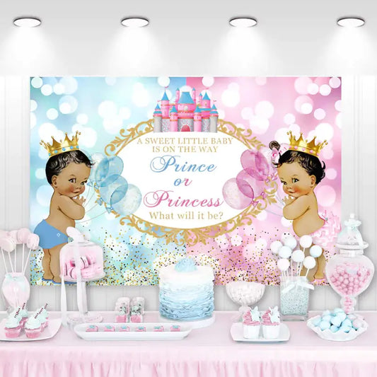 "Prince or Princess" gender reveal backdrop with royal baby illustrations, pink and blue balloons, and a castle, perfect for a regal-themed gender reveal party.