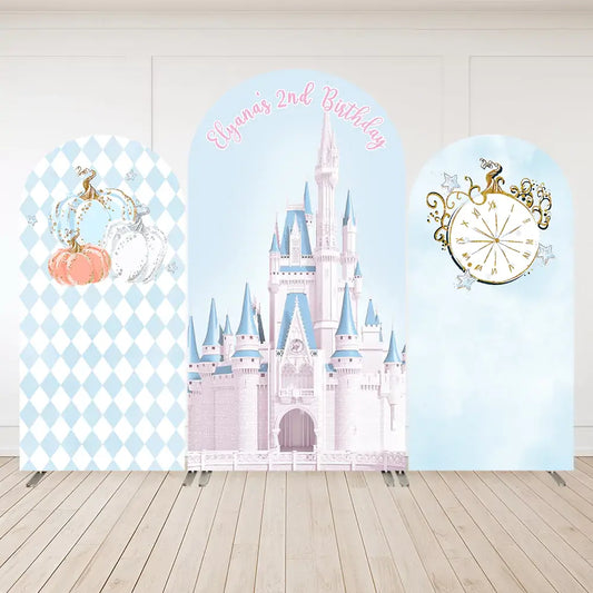 Three-panel princess birthday backdrop featuring a pastel pink castle, magic pumpkins, and a gold Cinderella-style clock on blue and white backgrounds.