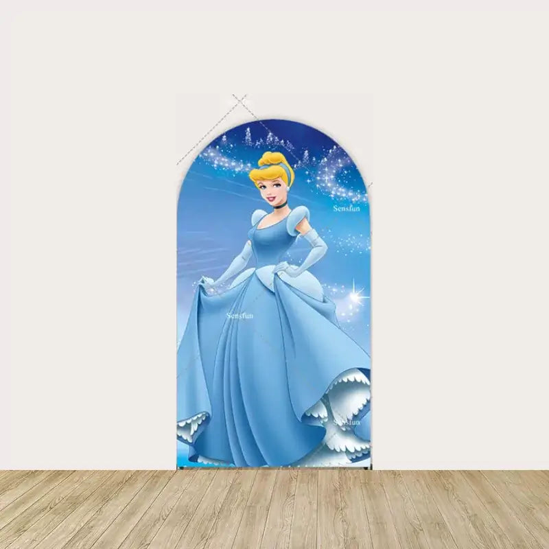 Center backdrop featuring Cinderella in her iconic blue gown, with sparkling stars surrounding her, perfect as the main focal point for a princess party.