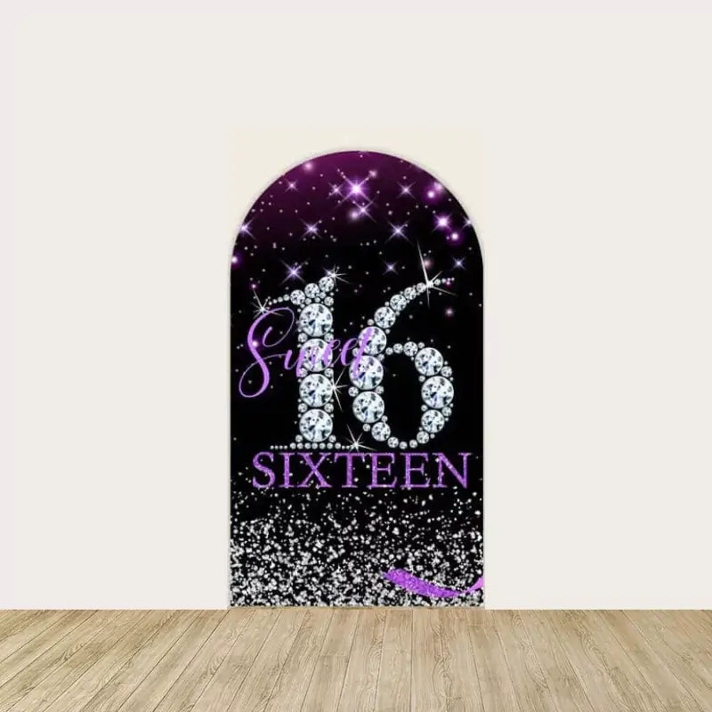 Center backdrop with large “Sweet 16” text in diamond-like font, surrounded by sparkles and purple accents, perfect for a central party display.