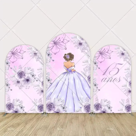 Three-panel Quinceañera arch backdrop set with illustration of a girl in a lavender dress, purple florals, and “15 años” script on a blush pink background.