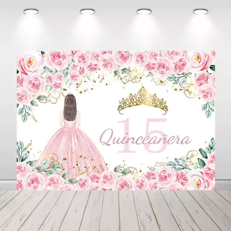 Quinceañera backdrop with pink roses, a girl in a pink dress, and a golden tiara for 15th birthday celebrations.