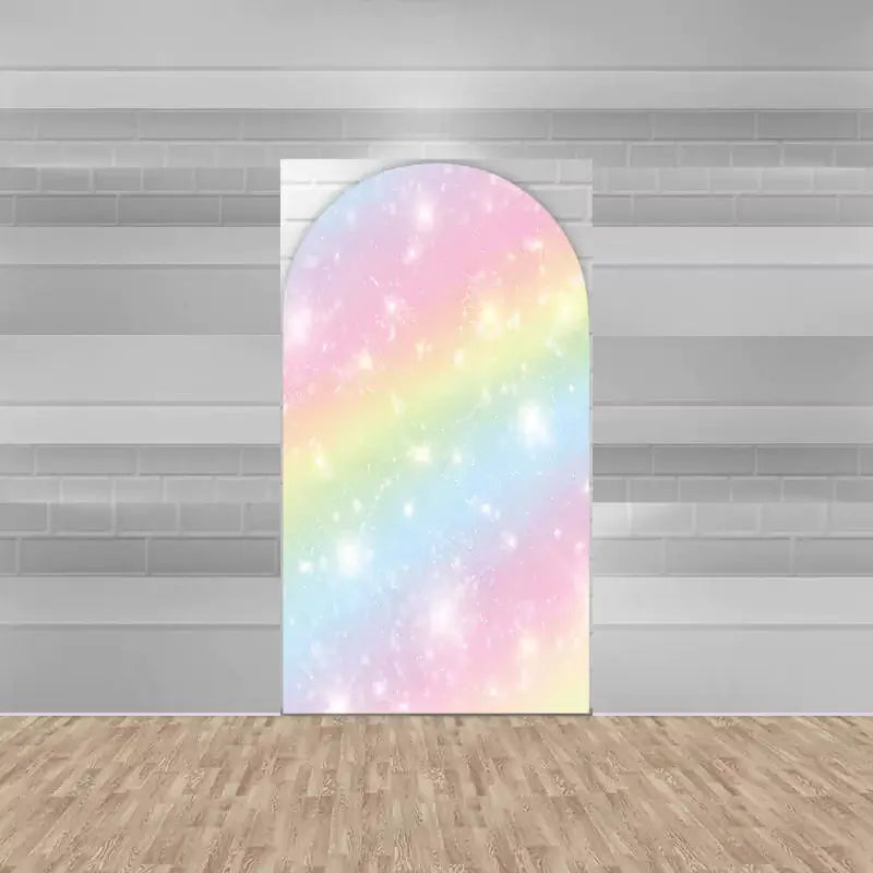 Arched backdrop with a pastel rainbow sparkle design, adding a touch of magic and whimsy to any event decor.