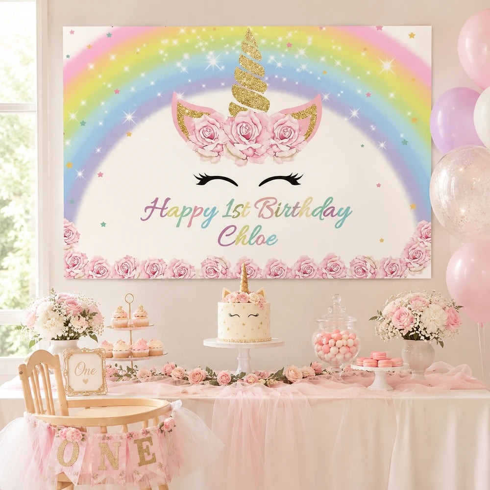 Rainbow unicorn first birthday backdrop with gold horn, pink roses, pastel stars and personalized name for a girls birthday party.