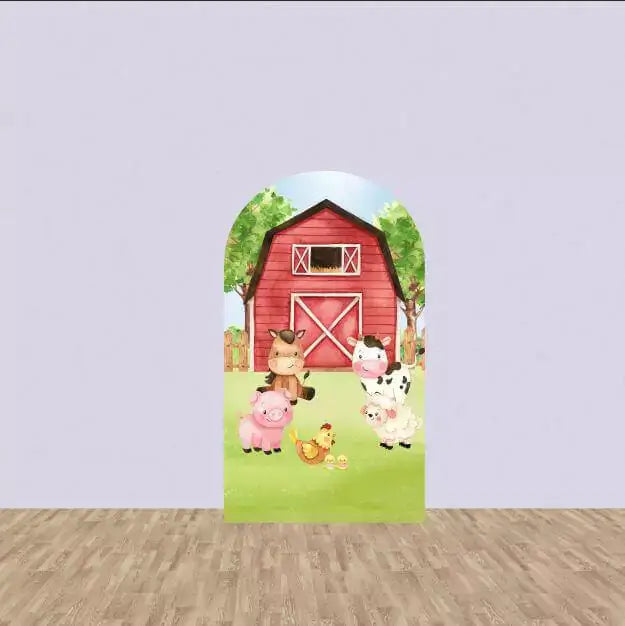 Center arch panel with red barn, cartoon farm animals like pig, horse, cow, chicken, and sheep on a grassy field—adorable farm party backdrop.