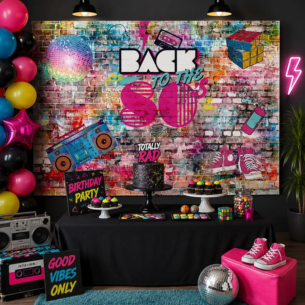 Colorful retro 80s party backdrop with graffiti brick wall, disco ball, cassette tape, boombox, sneakers and neon-style decorations.