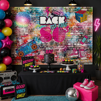 Colorful retro 80s party backdrop with graffiti brick wall, disco ball, cassette tape, boombox, sneakers and neon-style decorations.