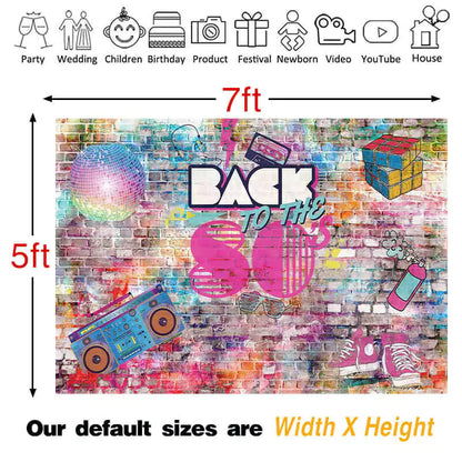 Retro 80s party backdrop with a colorful graffiti brick wall design, ideal for creating an 80s vibe at your event