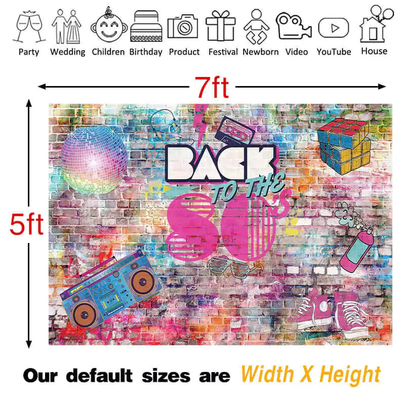 Colorful 80s themed backdrop with graffiti art, disco ball, and retro accessories – perfect for an 80s-inspired party or event
