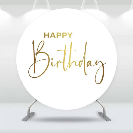 Round Happy Birthday backdrop with minimalist white background and elegant gold script text – perfect for classy adult or milestone birthday parties