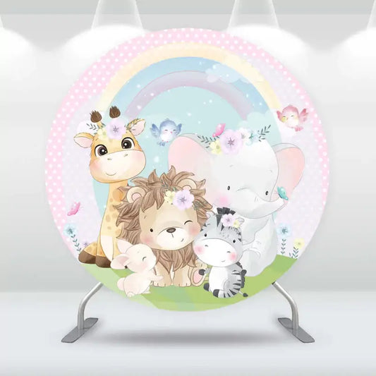 Cute baby shower backdrop featuring jungle animals in pastel colors, rainbow background, and floral accents – perfect for a girl’s birthday or baby shower