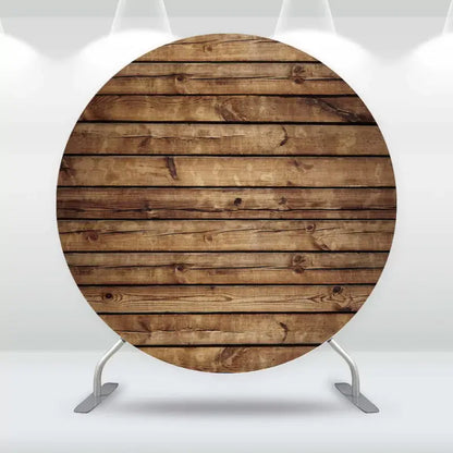 Woodgrain circle party backdrop featuring horizontal planks in natural tones – ideal for rustic birthday parties, barn weddings, or fall decor