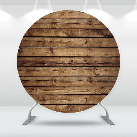 Woodgrain circle party backdrop featuring horizontal planks in natural tones – ideal for rustic birthday parties, barn weddings, or fall decor