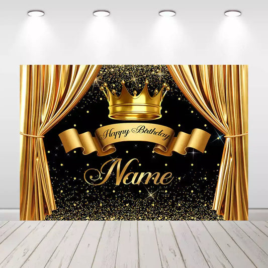 Royal gold birthday backdrop with crown, golden curtain, and custom name.