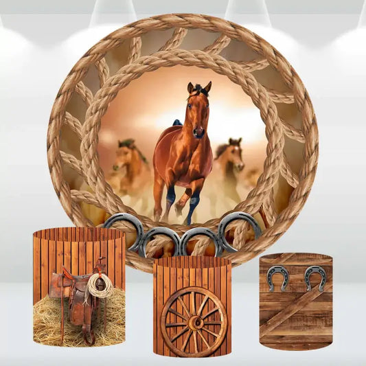 Rustic horse-themed round backdrop featuring a galloping horse framed by braided rope, paired with three matching cylindrical pedestal covers featuring saddle, wagon wheel, and horseshoe designs.