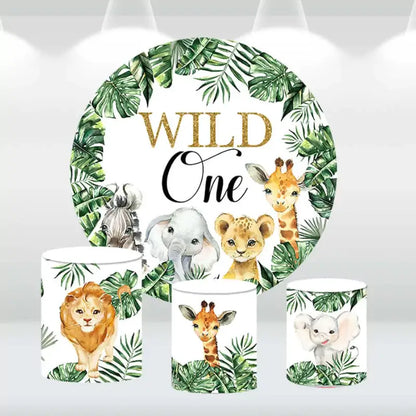 Safari Jungle First Birthday Party Decor - Wild One Backdrop with Animal Cylinder Covers