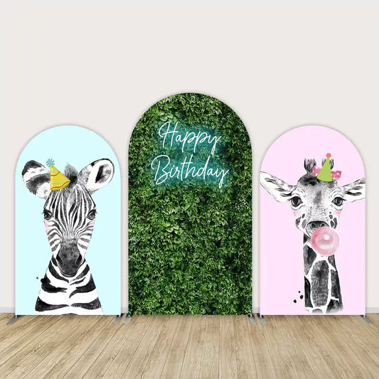 Three-panel birthday arch backdrop set with cartoon zebra and giraffe in party hats and a center panel with faux greenery and “Happy Birthday” text.