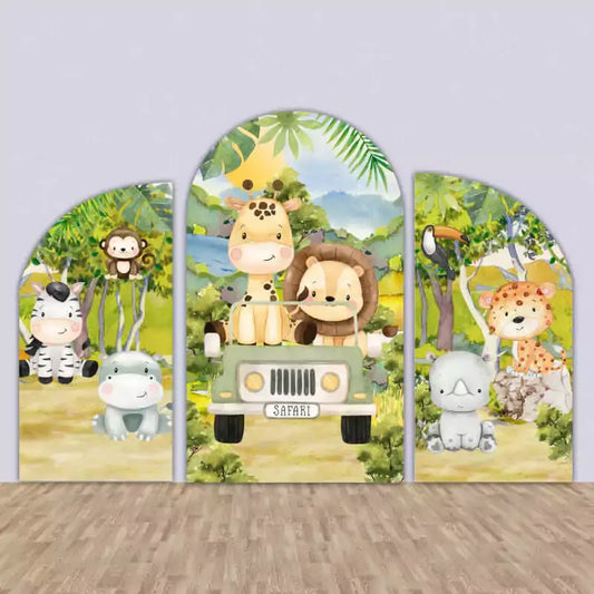 Safari-themed arched backdrop set featuring cute animals like giraffes, lions, and zebras, ideal for kids' parties and baby showers.