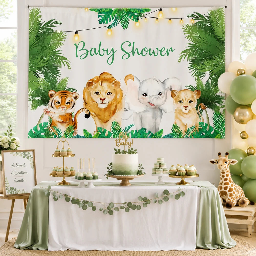 Safari baby shower backdrop with watercolor tiger, lion, elephant, lion cub, tropical leaves and warm string light details.