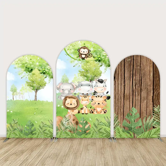Three-panel safari arch backdrop featuring cartoon jungle animals like a lion, tiger, giraffe, elephant, zebra, and monkey with trees and greenery.