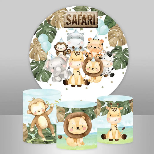 Safari-themed round backdrop featuring cartoon jungle animals like a lion, giraffe, elephant, and zebra, with three matching cylindrical pedestal covers showing a monkey, lion, and giraffe.