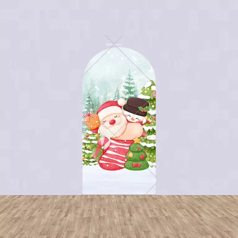 Cheerful backdrop featuring Santa hugging a snowman with Christmas ornaments and decorated trees in the background.