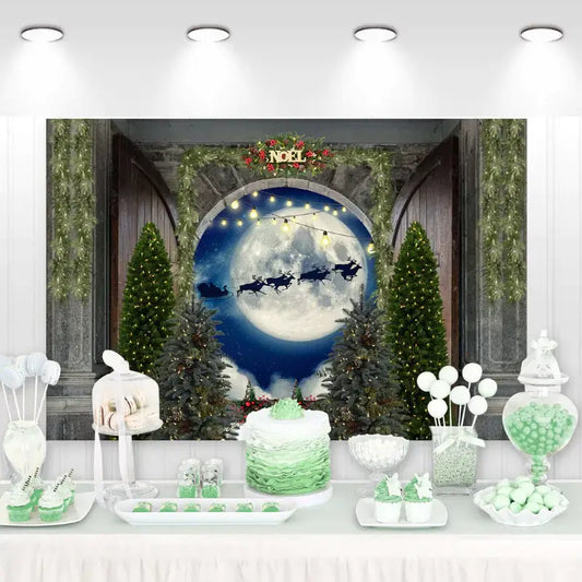 Christmas backdrop featuring Santa's sleigh flying across a full moon, framed by pine trees, garlands, and festive NOEL sign – perfect for holiday dessert tables or party decorations