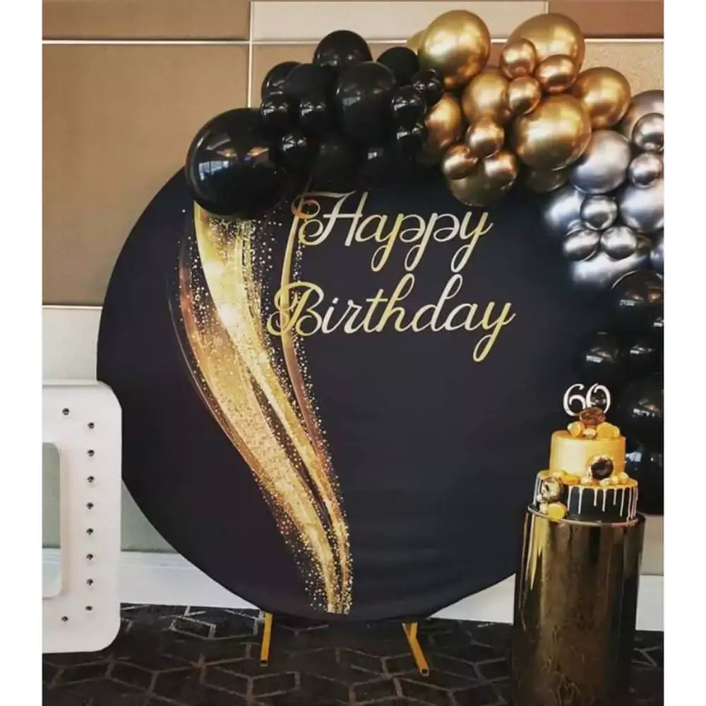 Luxury-themed round birthday backdrop featuring gold glitter on a black background, perfect for elegant and stylish party decor.